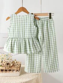 SHEIN Vintaside Kids 女童夏季新款清新花卉格纹两件套，无袖上衣配同色蝴蝶结装饰+阔腿裤，甜美可爱日常穿搭，夏季 - 綠色 - 查看 2