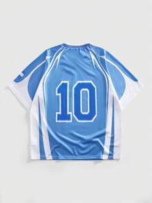 ROMWE MEN Prep Áo thun nam tay ngắn in họa tiết tối giản chất liệu jersey - Màu xanh lam - Xem 2