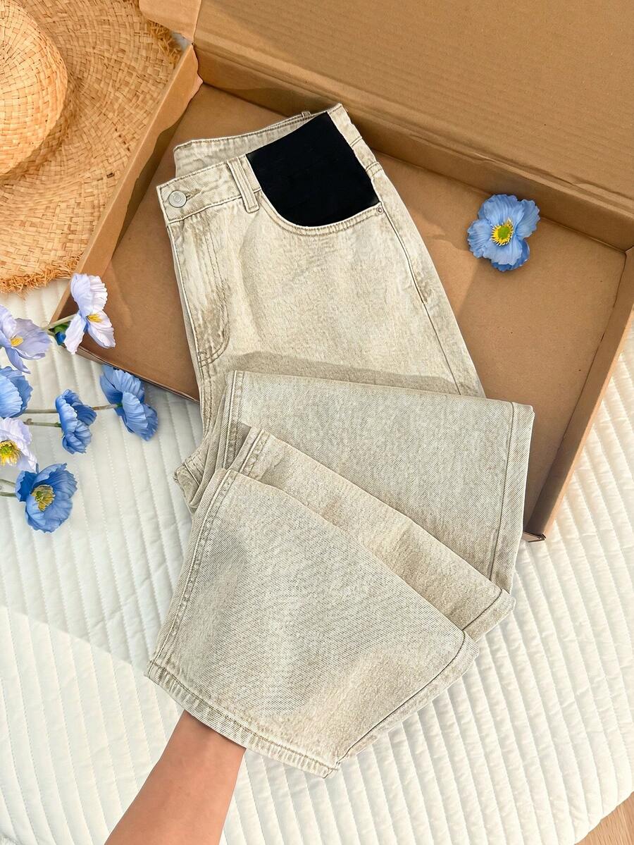 Maternity High Waist Pockets Wide Leg Loose Casual Jeans - Khaki - View 1
