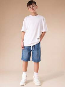 SUMWON Shorts Denim Casuais para Meninos Pré-Adolescentes com Detalhe de Bainha Dividida e Cordão na Cintura para Uso Diário na Primavera e Verão - Azul - Visão 3