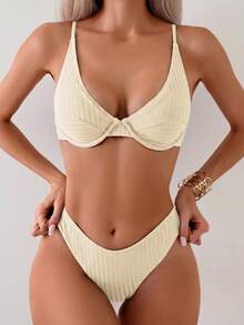 Swim Basics 女士夏季沙滩纯色吊带系带性感比基尼和三角泳裤套装 - 杏色 - 查看 5