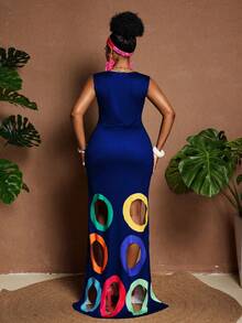 Maweii Plus Size Colorblock Sleeveless Hollow Out Summer Fashion Dress - Multicolor - View 2