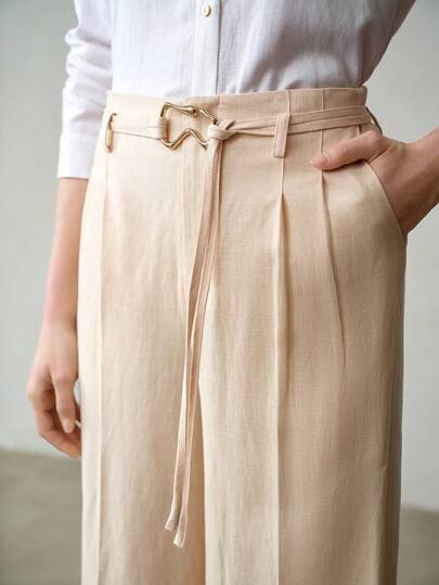 MOTF PREMIUM PANTALONES RECTOS DE MUJER DE LINO CÓMODOS CON DECORACIÓN DE METAL