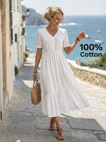 Faunlyn Women's Solid Color V-Neck Long Dress With Raglan Short Sleeves And Embroidery - 白色 - 查看 3