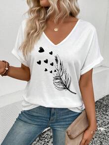 EMERY ROSE Women's V-Neck Short Sleeve Turnover Cuff Feather Print Casual Versatile T-Shirt, Spring/Summer - White - View 5