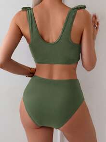 Swim Basics 两件套女士夏季沙滩优雅度假纯色荷叶边吊带褶皱前片上衣和高腰褶皱三角裤套装 - 橄欖綠 - 查看 2
