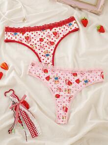 Strawberry Shortcake X SHEIN Quần lót dây thong nữ phối ren tương phản in hình dâu tây - Hồng - Xem 1