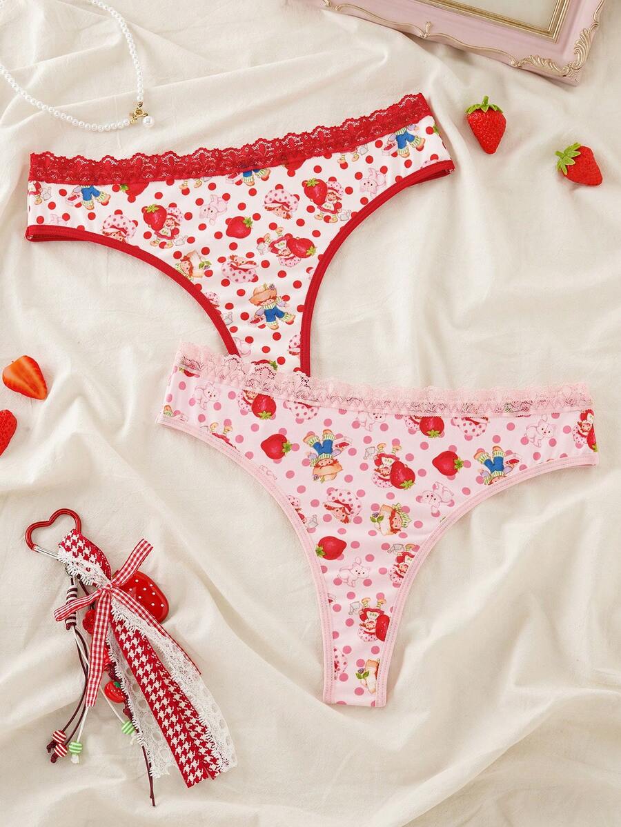 Strawberry Shortcake X SHEIN Quần lót dây thong nữ phối ren tương phản in hình dâu tây - Hồng - Xem 1