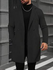 Manfinity Homme Men's Solid Color Pocket & Button Front Long Sleeve Overcoat, Autumn Fall Going Out Overcoat, For Friends, Husband, Boyfriend Gifts Men Coat Men Double Breasted Suit Casual Suits For Outerwear, For Winter - Black - View 5