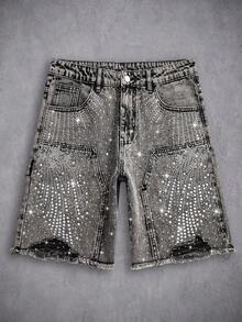 Manfinity Denimwave Quần short denim nam phong cách thường ngày, đính đá, rách nhẹ, có túi xéo. - Xám - Xem 1