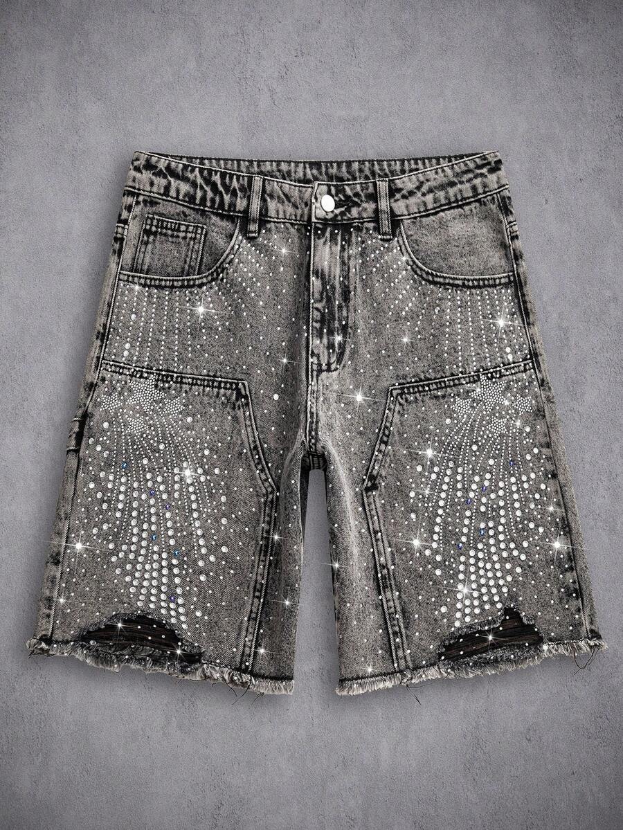 Manfinity Denimwave Quần short denim nam phong cách thường ngày, đính đá, rách nhẹ, có túi xéo. - Xám - Xem 1