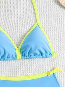 SHEIN Tween Girl Summer Beach Vacation Contrast Color Halter Bikini Set - Baby Blue - View 5