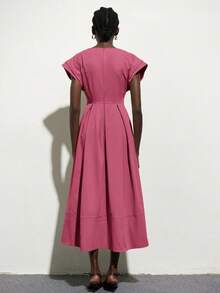 Aveloria Modichic Oversized Padded Shoulder Cap Sleeve Cinched Waist Pleated Dress, Beige Tone Long Dress For Women - Pink - View 2