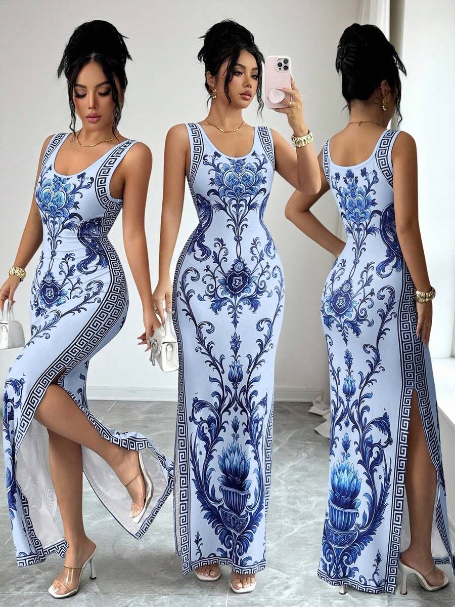 SHEIN Elenzya Áo choàng kiểu Trung Đông UAE sang trọng, in họa tiết Chinoiserie tinh tế, xẻ tà, ôm sát, nhiều màu sắc, không tay, chất liệu cao cấp. - Nhiều màu - Xem 1