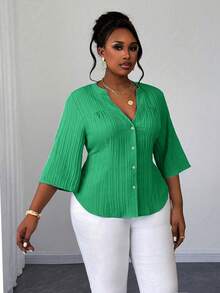 Maweii Plus Size Women's Solid Color Commuter Minimalist Notched Neck Half Sleeve Elegant Cardigan Casual Blouse, Spring/Autumn - Green - View 5