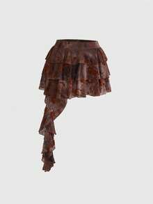 ROMWE Hippie Plus Size Spring Break Concert Rave Festival Multilayer Asymmetrical Cake Mesh Skirt - Brown - View 6