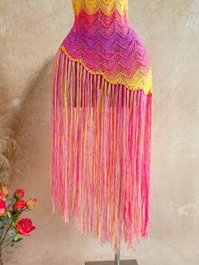 Soleia V-Neck Pink And Yellow Fish Scale Knit Fringe Mini Dress,Boho Summer Beach Vacation Holiday,Metal Decor Gradient Hippie Party Western Style - Multicolor - View 5
