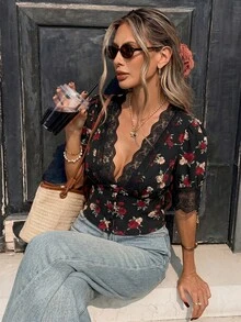 Pariaura Áo sơ mi nữ tay ngắn cài cúc, kiểu Pháp thanh lịch với họa tiết hoa ren. - Nhiều màu - Xem 4