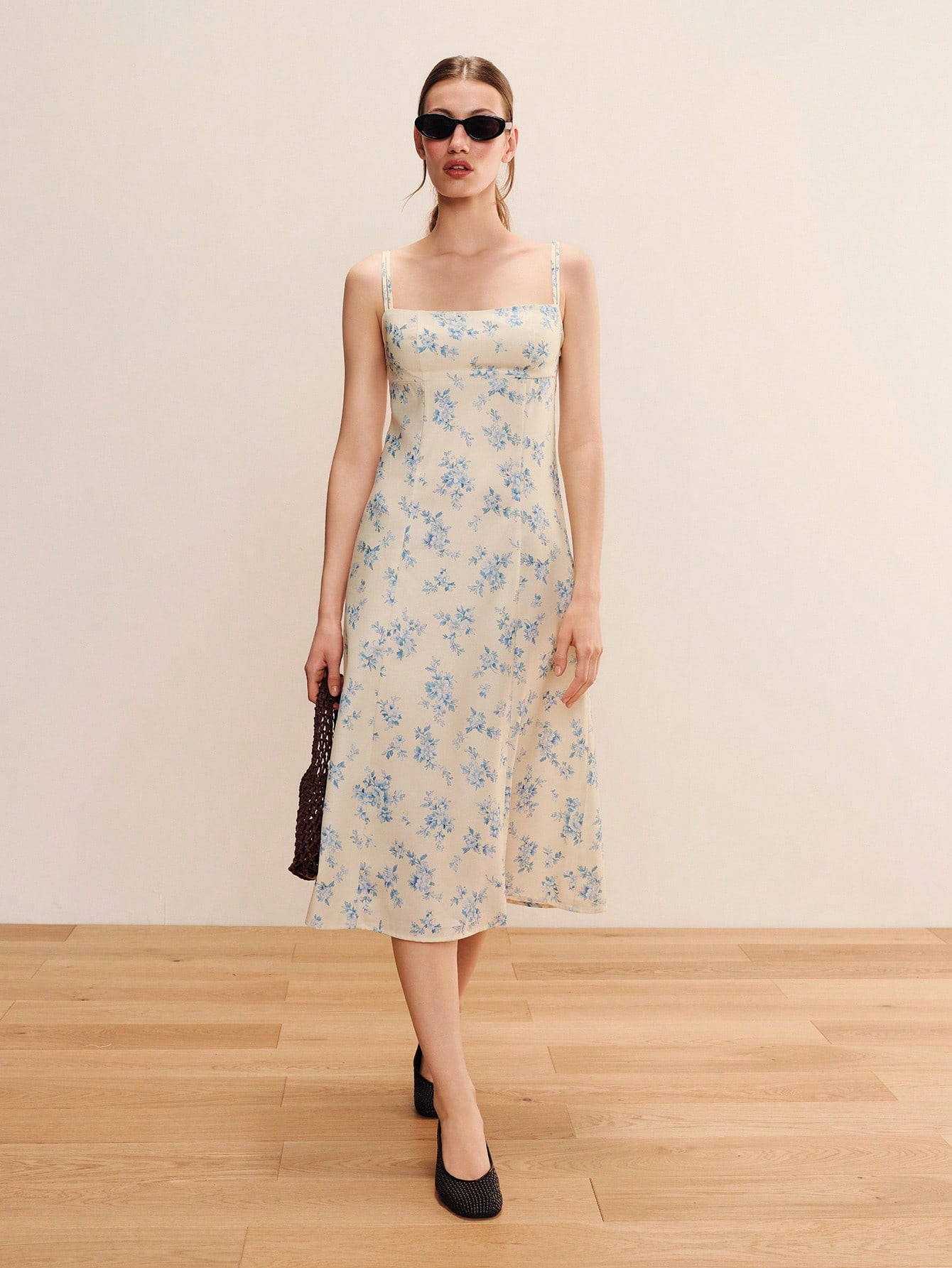 Pale Yellow Floral Print Crepe Midi Dress With Spaghetti Straps And Fitted Silhouette Occasion Dress Dress Satin Dress Summer Dress Casual Vacation Outfit French Style Dress