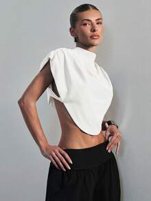Hauture Women's Draped Shoulder Impact High Neck Crop Top Office Wear - White - View 3