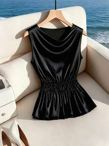 Balvessa Women's Elegant Solid Color Lapel Sleeveless Blouse Party Black Summer - Black - View 3