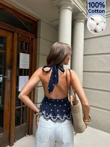 Serisse Women's Summer Vacation Halter Backless Embroidered Blouse,Summer Top - Navy Blue - View 6