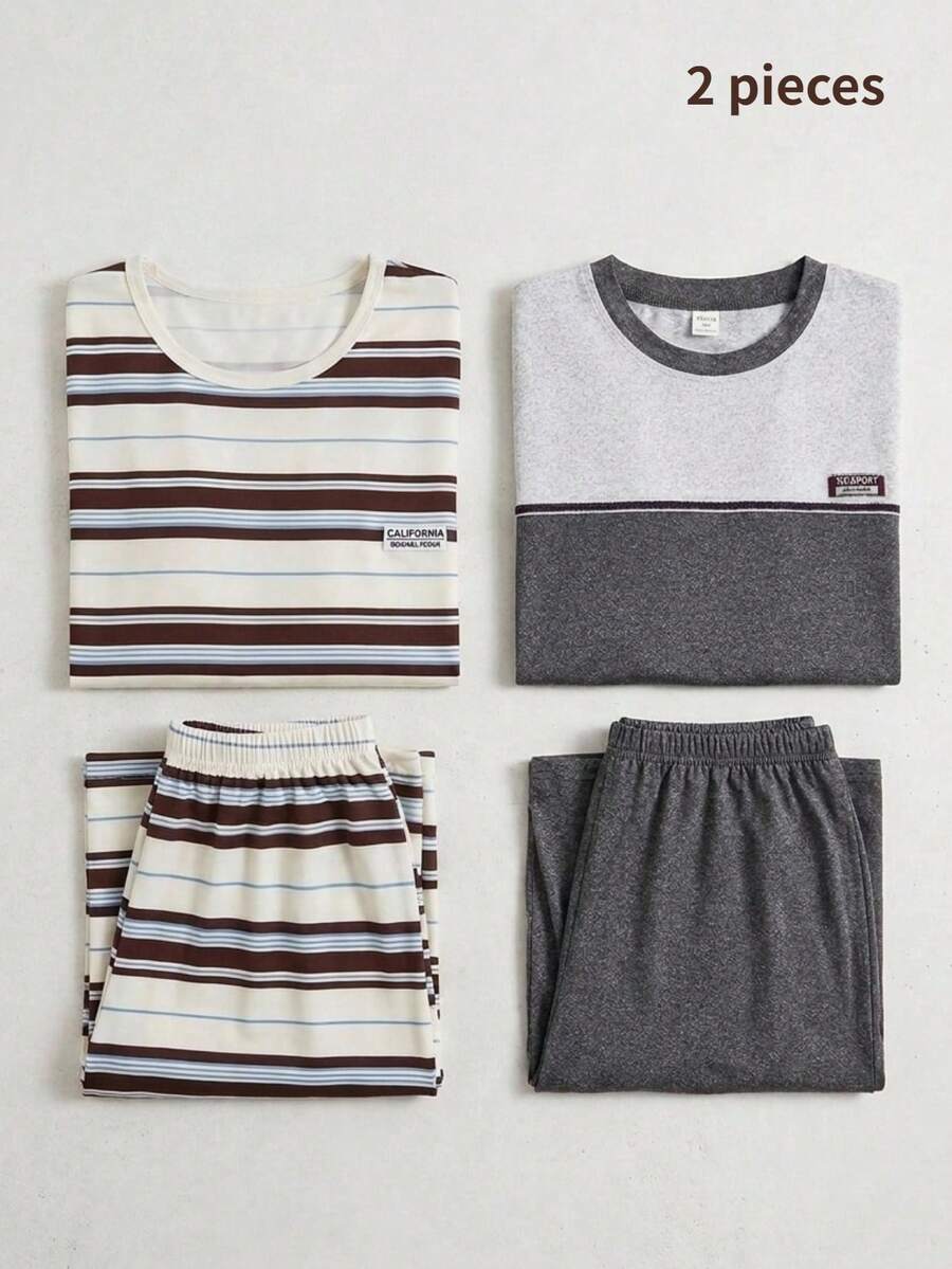 青少年男孩条纹印花短袖短裤休闲家居服两件套 - 彩色 - 查看 1