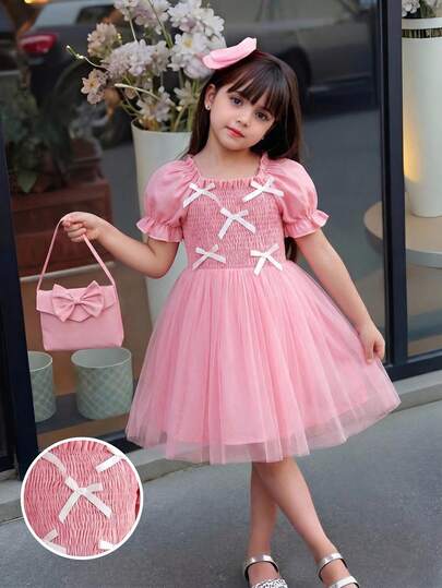 Glamorique Kids 1pc Girls' Princess Sweet Style Bow Decor Petal Sleeve Mesh Dress, White, Casual Wear For Spring/Summer, Birthday Party, Daily Outing