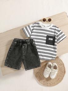 SHEIN Explorewe 2pcs/Set Young Boy Striped Round Neck Short Sleeve T-Shirt And Shorts Casual Daily Outfit - Black - View 1