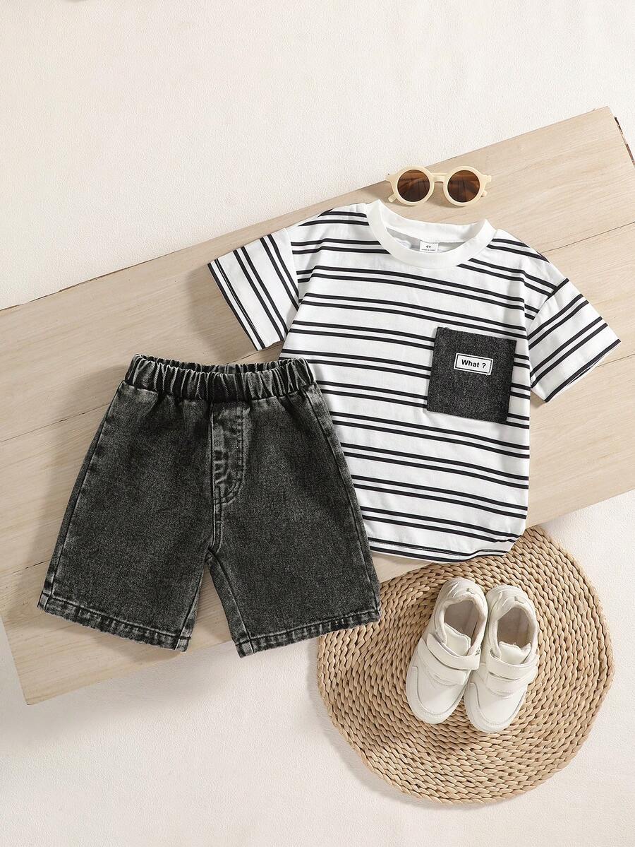 SHEIN Explorewe 2pcs/Set Young Boy Striped Round Neck Short Sleeve T-Shirt And Shorts Casual Daily Outfit - Black - View 1