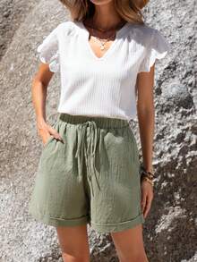 Sylviya Elastic Waist Tie Rolled Hem Slant Pocket Casual Shorts Summer Green Shorts Cotton Women Shorts,Vacation - Army Green - View 6