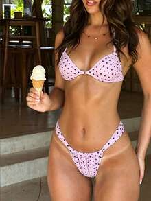 SHEIN Swim Mod Bộ bikini hai mảnh phong cách Pháp cổ điển mùa Xuân/Hè mới về, họa tiết chấm bi tím oải hương, ngọt ngào và quyến rũ dành cho thiếu nữ, thích hợp cho kỳ nghỉ biển. - Hồng - Xem 1