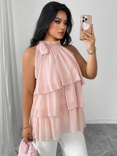 Elenzga Plus Size Women's Woven Regular Summer Elegant Layered Ruffle Chiffon Pink Tie Strap Camisole