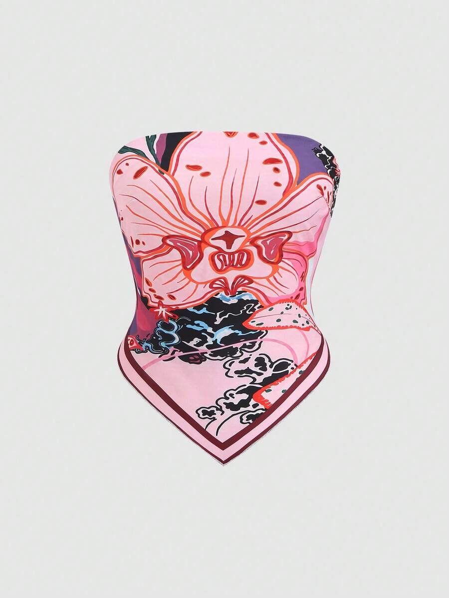 Sweetra 女士夏季沙滩度假印花不对称下摆抹胸上衣 - 彩色 - 查看 1