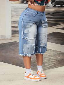 Slaydiva Plus Size Women's Non-Stretch Jeans, American Casual Brand Design Distressed Wash Frayed Hem Straight Leg Capri Jeans, Cowboy Outfits For Women - Blue - View 6