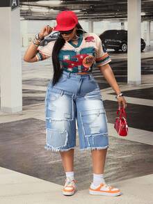 Slaydiva Plus Size Women's Non-Stretch Jeans, American Casual Brand Design Distressed Wash Frayed Hem Straight Leg Capri Jeans, Cowboy Outfits For Women - Blue - View 8