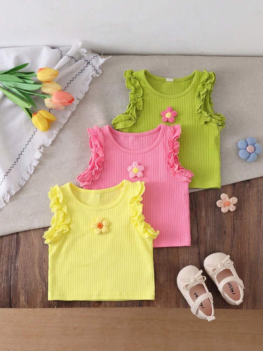 SHEIN 3件組女嬰夏季可愛柔軟彈性螺紋無袖上衣 花朵裝飾 嬰幼兒度假上衣 適用6個月-3歲 粉色黃色