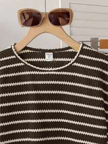 SHEIN Tween Girls' Casual Loose Comfortable Round Neck Striped Short Sleeve T-Shirt And Pants Set - Brown - View 6
