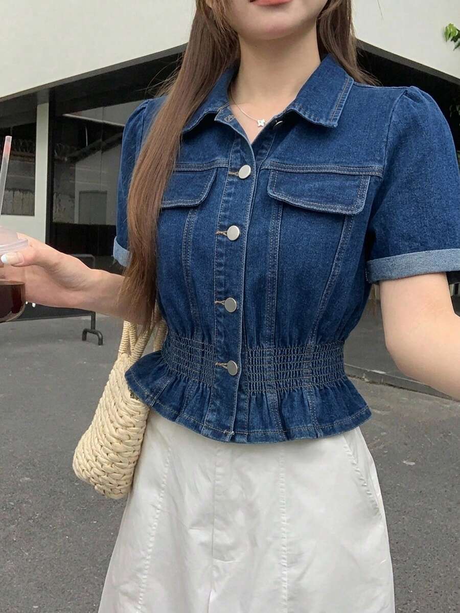 DAZY Atasan Denim Kasual Pas Badan Gaya Korea untuk Wanita, Musim Panas - Biru - View 1