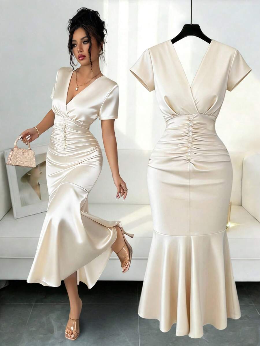 Elenzga Women's Spring/Summer New Elegant Romantic Light French Style Daily/Party/Date Outfit, Pearl Decor, Ruffle Hem, Bodycon Mid-Length V-Neck Solid Color Short Sleeve Pleated Design Dress - Apricot - View 1