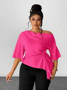 Maweii Spring/Summer/Autumn Oblique Shoulder Ruffle Sleeve Rose Waist Handkerchief Hem Solid Color Elegant Chic Commuting Design Sense High-End Vacation Daily Wear New Essential Plus Size Women Blouse - Hot Pink - View 5