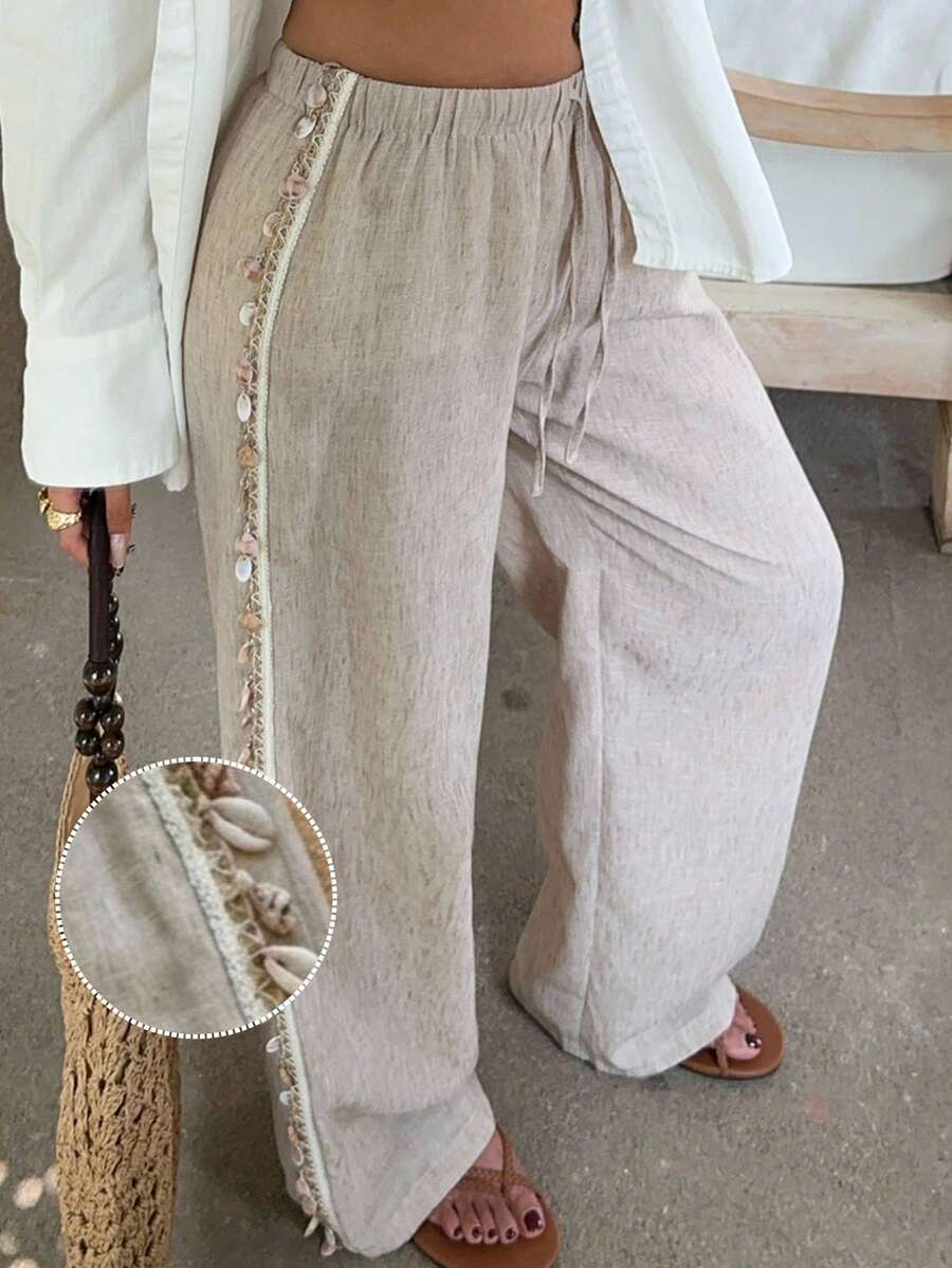 SHEIN EZwear Women's Drawstring Waist Casual Versatile Wide Leg Pants For Daily Wear - Apricot - View 1