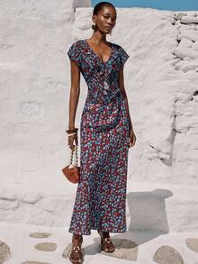 Aveloria Modichic Đầm chiffon chấm bi màu xanh hải quân, cổ chữ V, tay bồng, chất liệu nhẹ, in hoa, ôm eo, kiểu dáng thanh lịch cổ điển, phù hợp cho mùa xuân/hè, hẹn hò, tiệc ngoài trời, triển lãm nghệ thuật, tôn lên vẻ duyên dáng và trí tuệ. Bộ áo và chân váy chiffon chấm bi cổ chữ V, tay bồng, thoải mái và thời trang dành cho nữ. - Nhiều màu - Xem 7