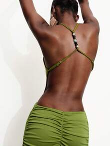 Aveloria Modichic Vestido largo con diseño de espalda descubierta, escote halter, fruncido y abertura, con cuentas, en estilo sexy europeo y americano para mujeres - Verde - Ver 7