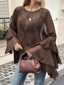 Women's Round Neck Ruffle Trim Long Sleeve Casual Elegant Pullover Semi-Sheer Blouse - Brown - View 8