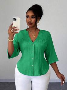 Maweii Plus Size Women's Solid Color Commuter Minimalist Notched Neck Half Sleeve Elegant Cardigan Casual Blouse, Spring/Autumn - Green - View 4