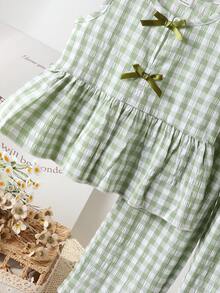 SHEIN Vintaside Kids 女童夏季新款清新花卉格纹两件套，无袖上衣配同色蝴蝶结装饰+阔腿裤，甜美可爱日常穿搭，夏季 - 綠色 - 查看 6