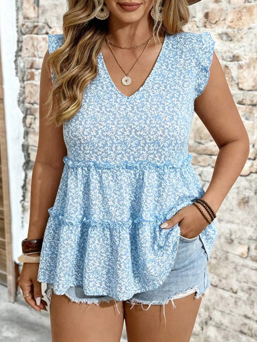 EMERY ROSE Blusa elegante de talla grande con tejido floral, cuello en V, mangas volantes y ribete de volantes, adecuada para vacaciones, exteriores, uso diario, primavera/verano - Celeste - Ver 1