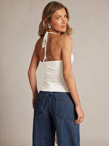 Hauture Women's Tie Front Knit Top For Office Night Out Wear Off-White Summer Sexy - Cream - View 2