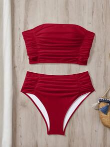 Swim Basics Women's Solid Color Bandeau Ruched Bikini Set - Red - View 2